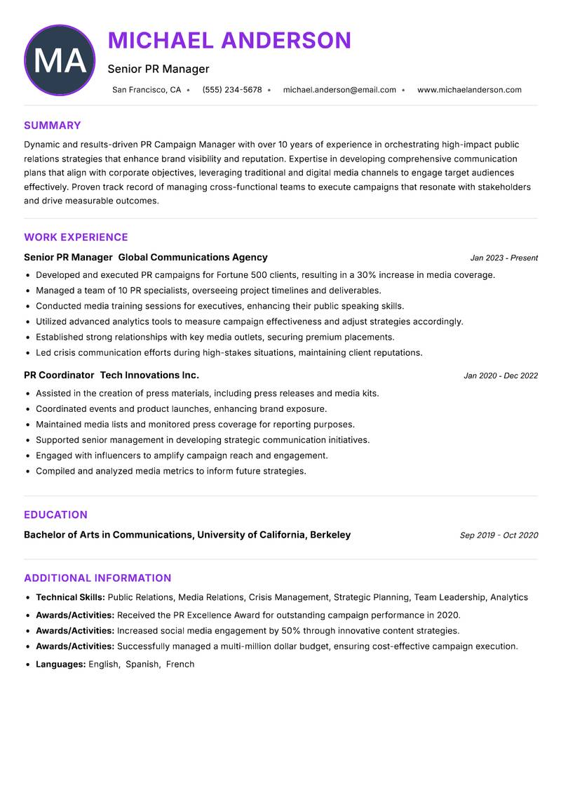 PR Campaign Manager resume example