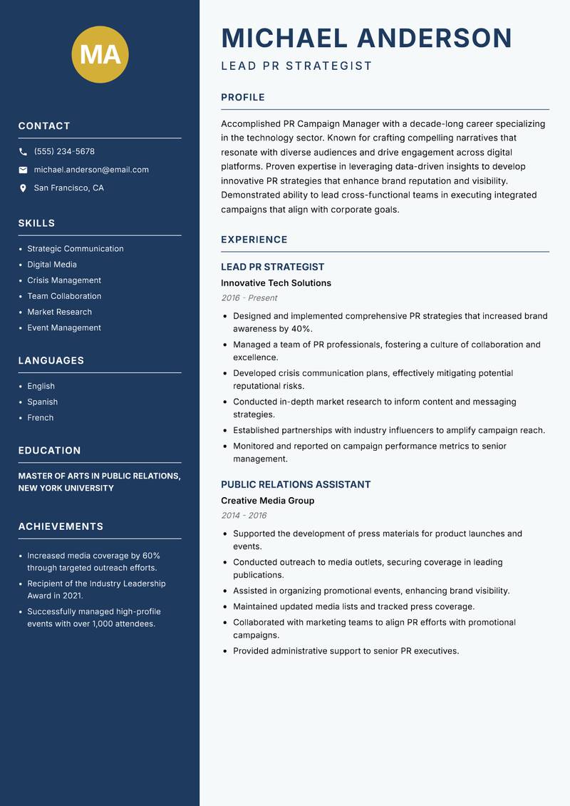 PR Campaign Manager resume sample — Lead PR Strategist focus