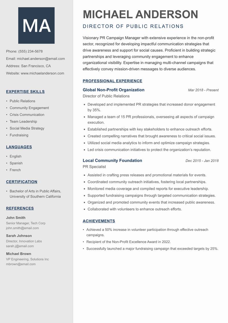 PR Campaign Manager resume sample — Director of Public Relations focus