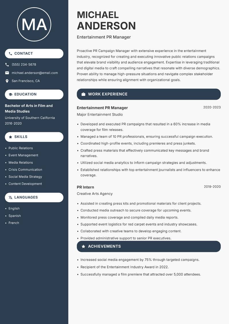 PR Campaign Manager resume sample — Entertainment PR Manager focus