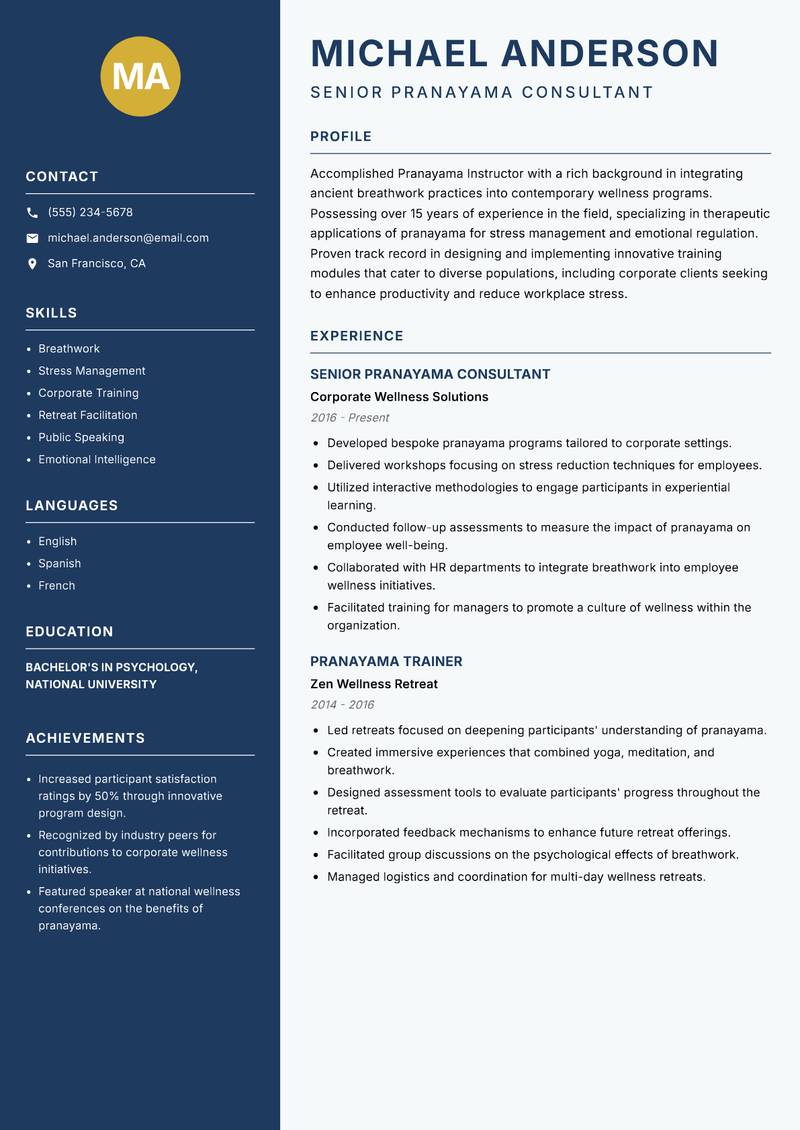 Pranayama Instructor resume sample — Senior Pranayama Consultant focus