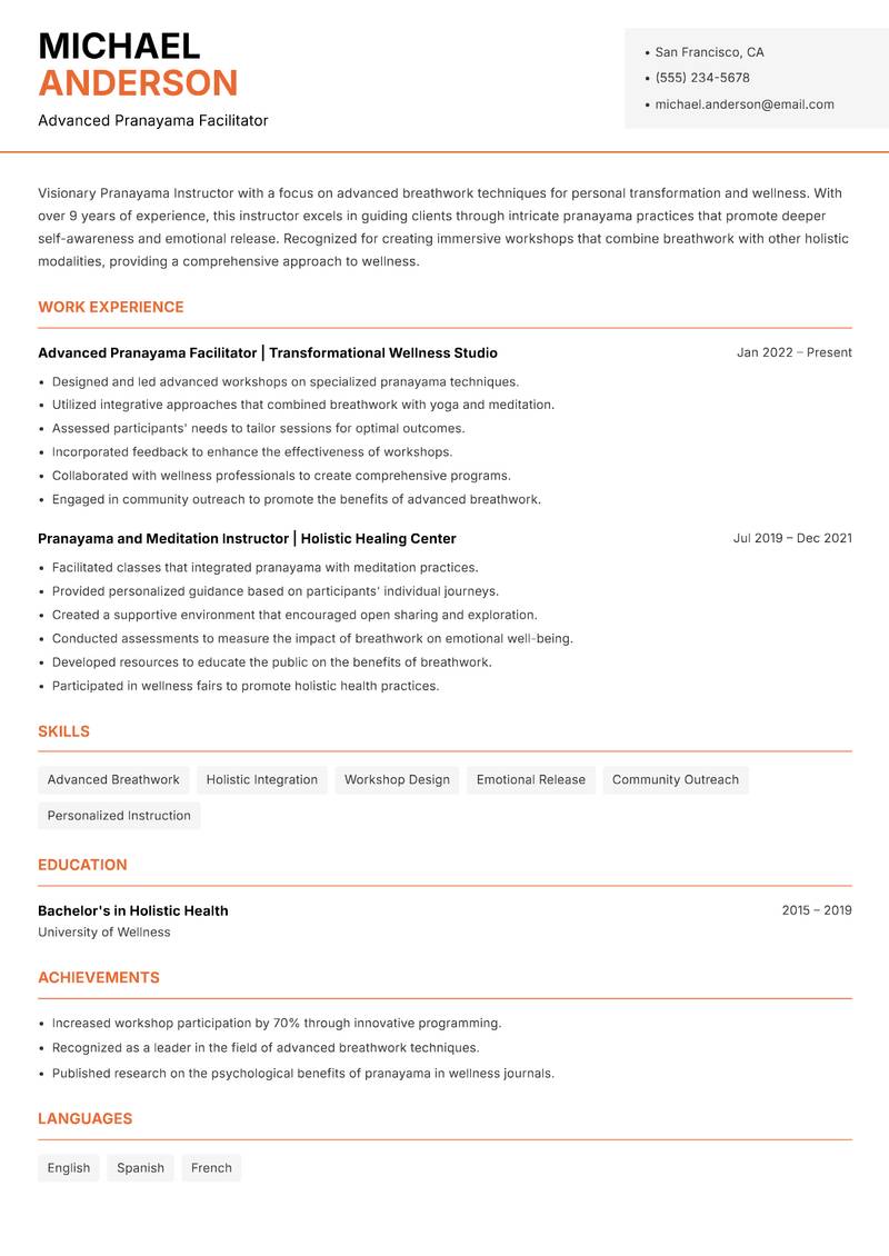 Pranayama Instructor resume sample — Advanced Pranayama Facilitator focus