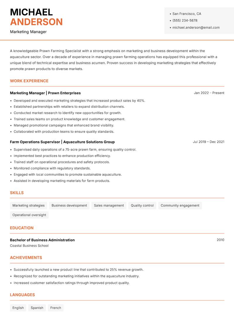 Prawn Farming Specialist resume sample — Marketing Manager focus