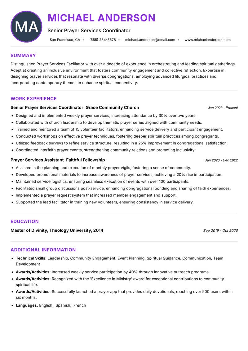 Prayer Services Facilitator resume example