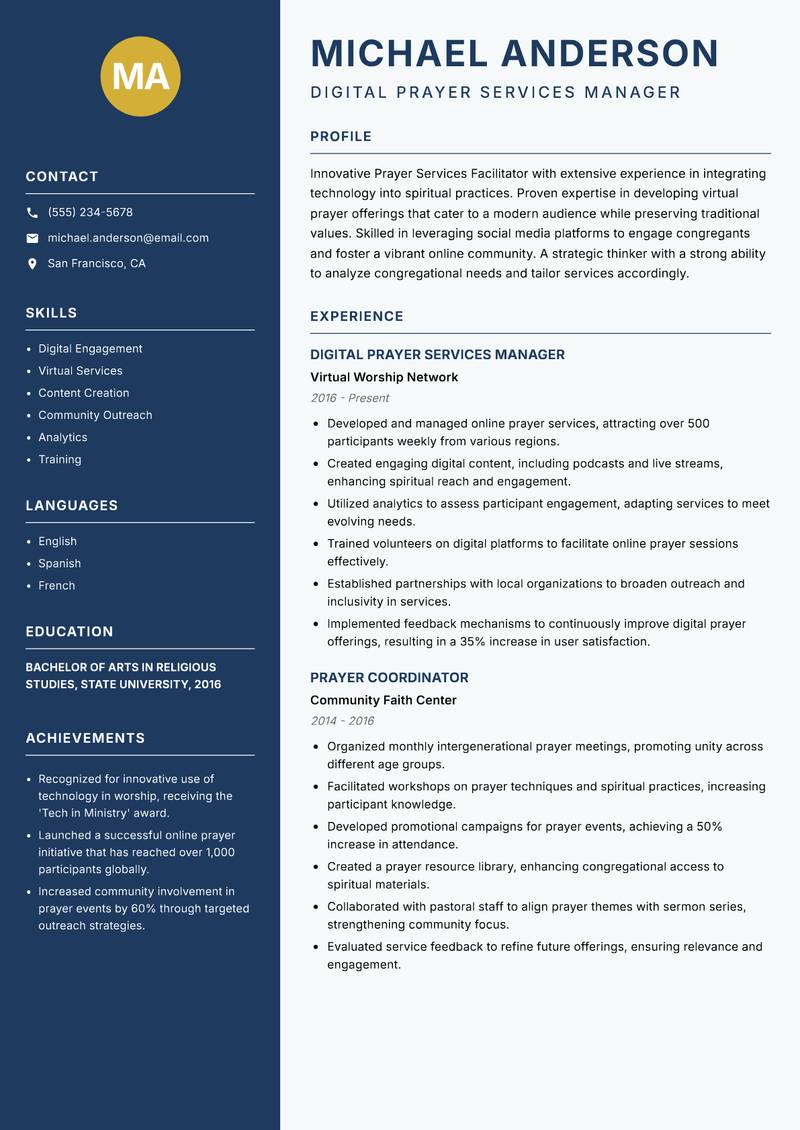 Prayer Services Facilitator resume sample — Digital Prayer Services Manager focus