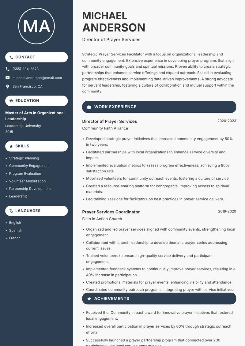 Prayer Services Facilitator resume sample — Director of Prayer Services focus