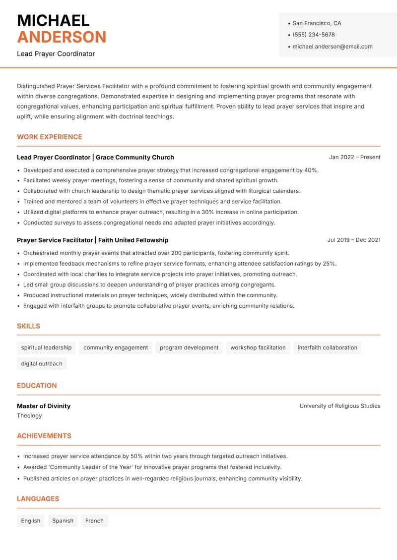 Prayer Services Facilitator resume sample — Lead Prayer Coordinator focus