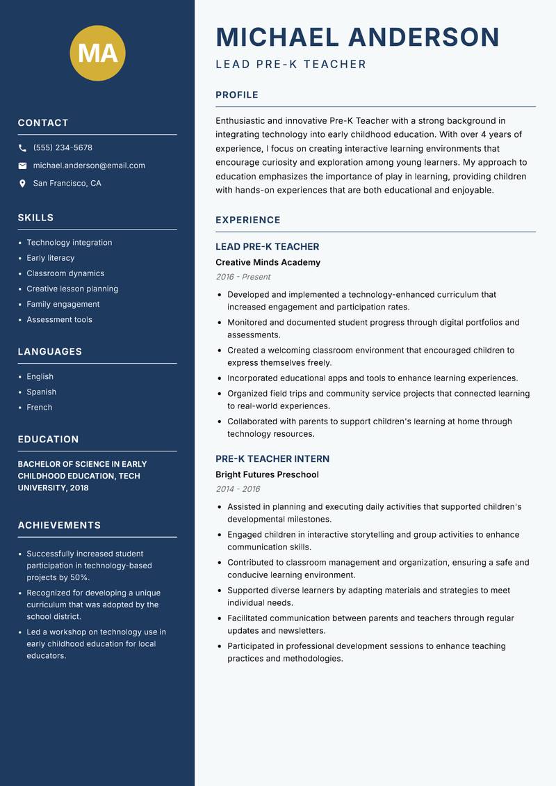 Pre-K Teacher resume sample — Lead Pre-K Teacher focus