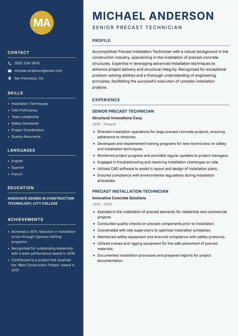 Precast Installation Technician resume sample — Senior Precast Technician focus