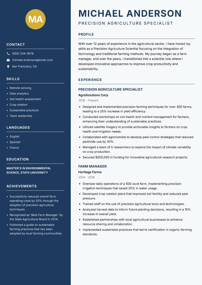 Precision Agriculture Scientist resume sample — Precision Agriculture Specialist focus