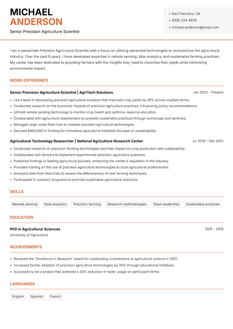 Precision Agriculture Scientist resume sample — Senior Precision Agriculture Scientist focus