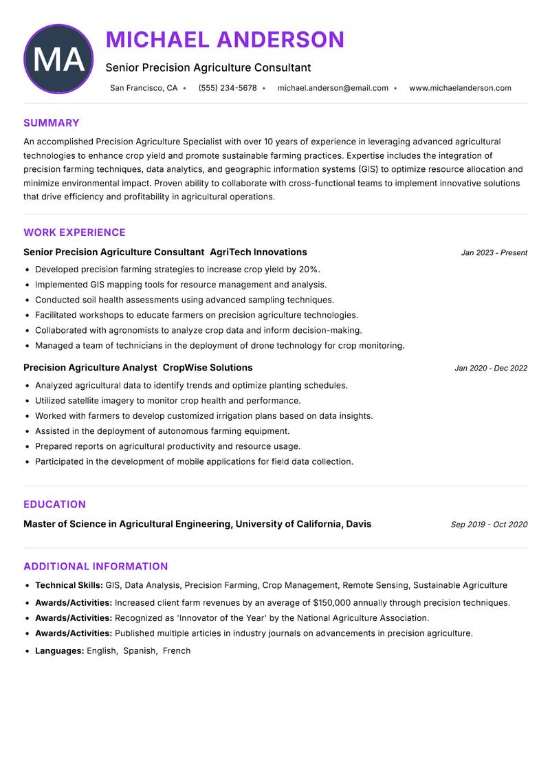 Precision Agriculture Specialist resume example