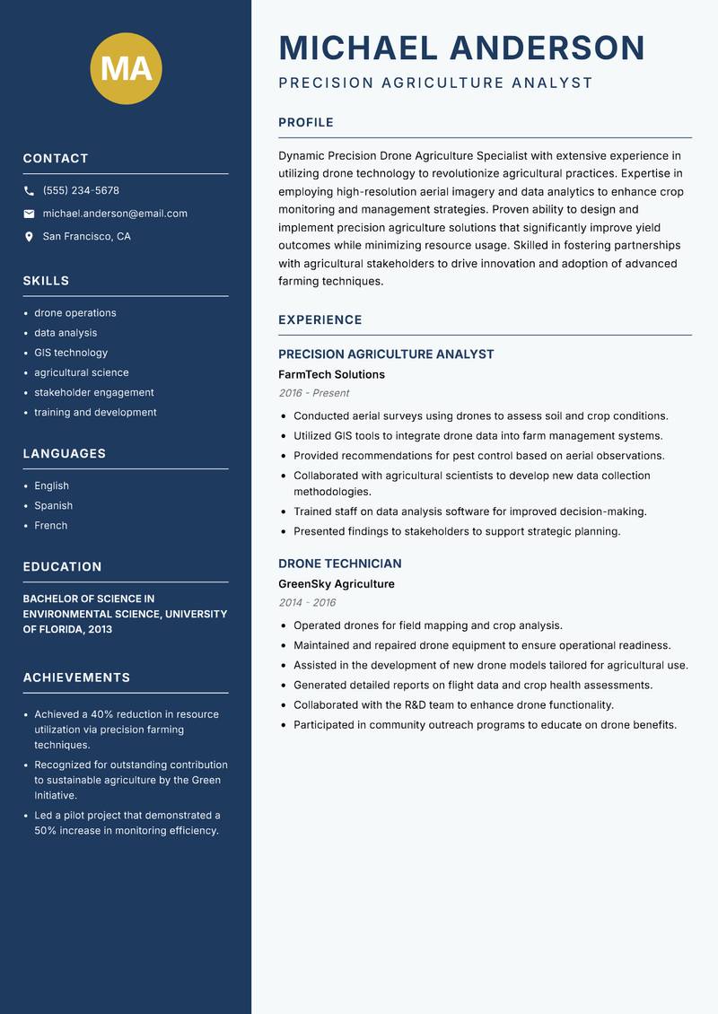 Precision Drone Agriculture Specialist resume sample — Precision Agriculture Analyst focus