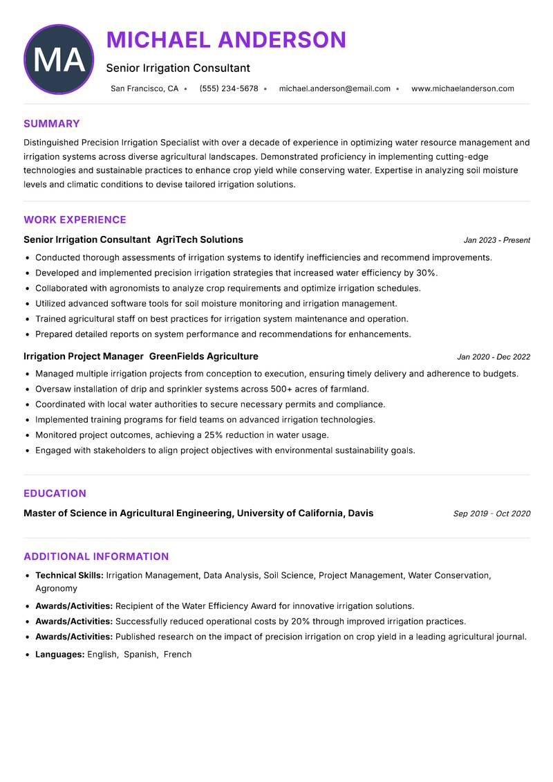 Precision Irrigation Specialist resume example
