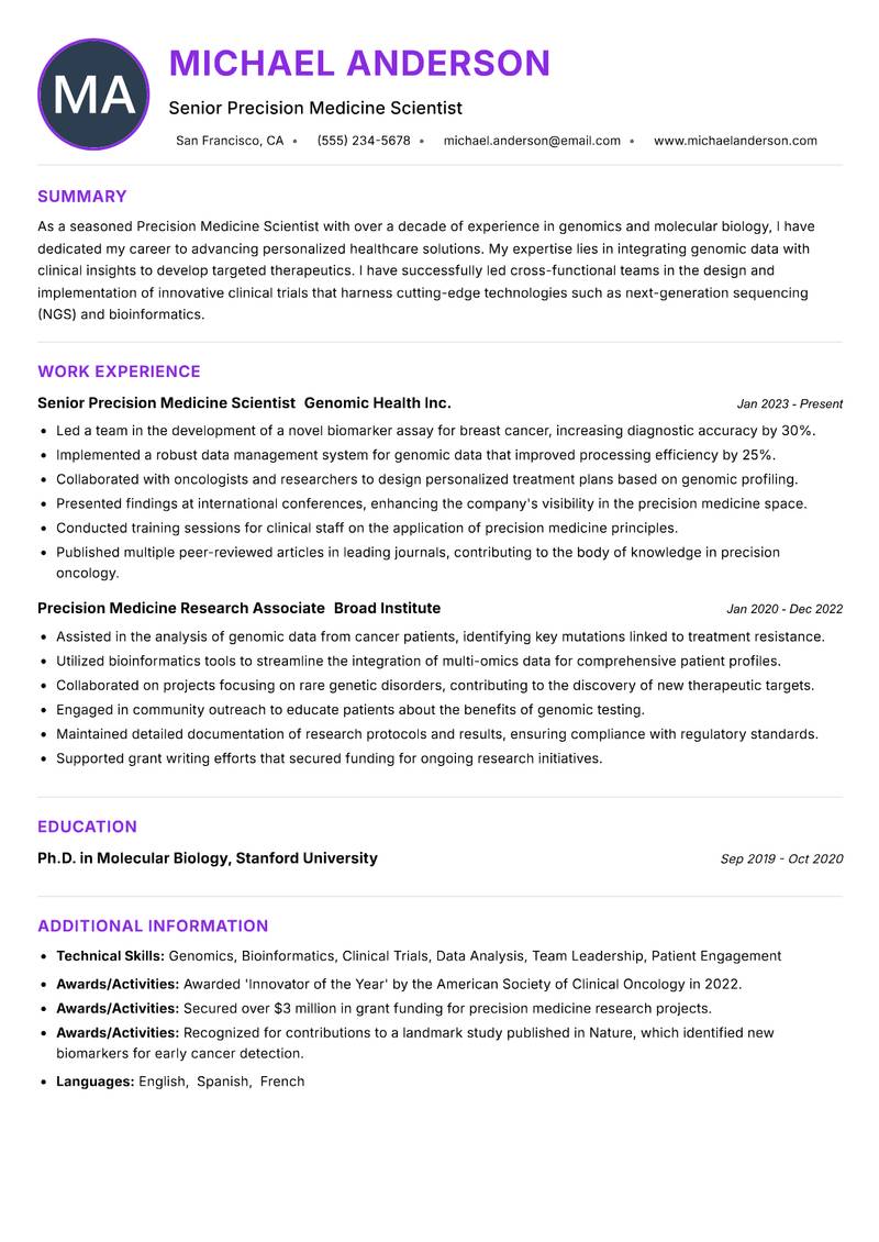 Precision Medicine Scientist resume example