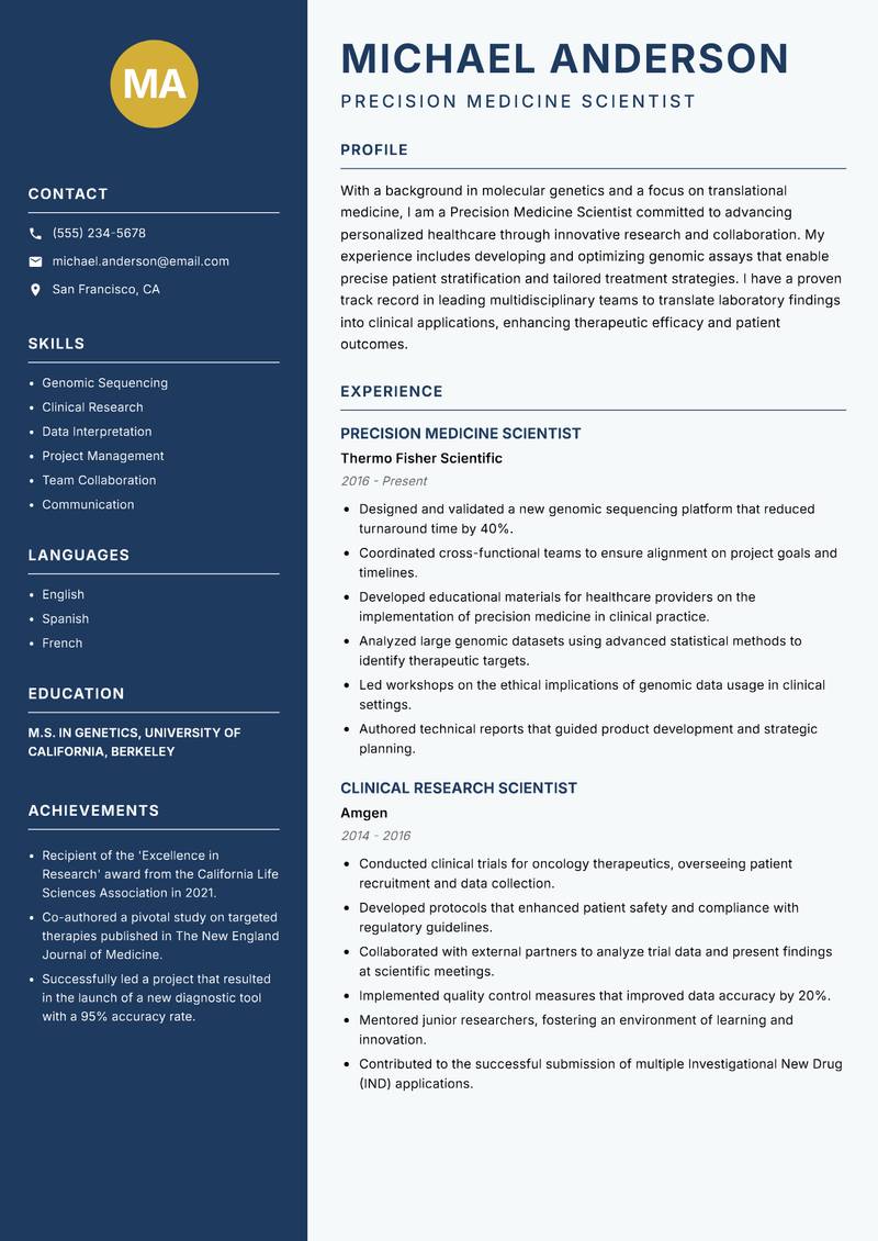 Precision Medicine Scientist resume sample — Precision Medicine Scientist focus
