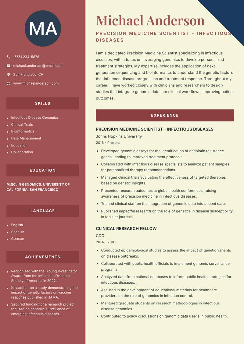 Precision Medicine Scientist resume sample — Precision Medicine Scientist - Infectious Diseases focus