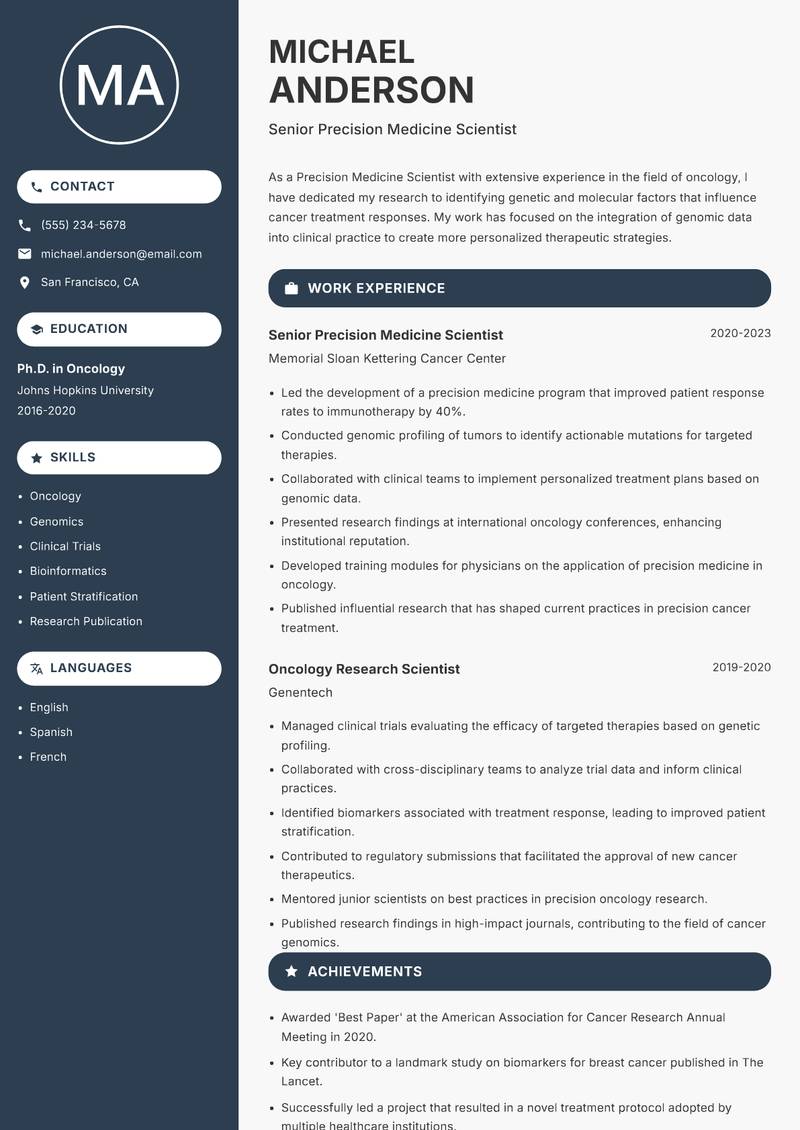 Precision Medicine Scientist resume sample — Senior Precision Medicine Scientist focus