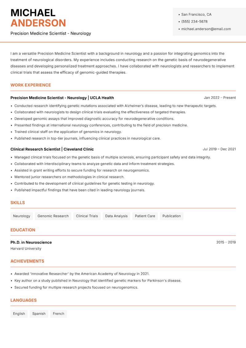 Precision Medicine Scientist resume sample — Precision Medicine Scientist - Neurology focus