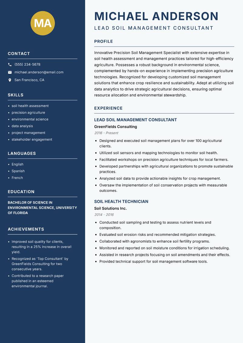 Precision Soil Management Specialist resume sample — Lead Soil Management Consultant focus