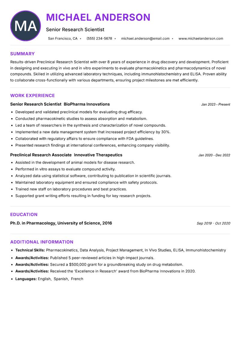 Preclinical Research Scientist resume example