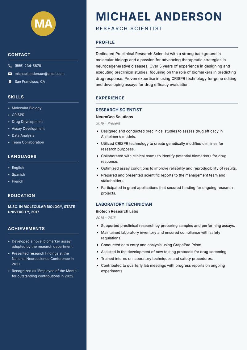 Preclinical Research Scientist resume sample — Research Scientist focus