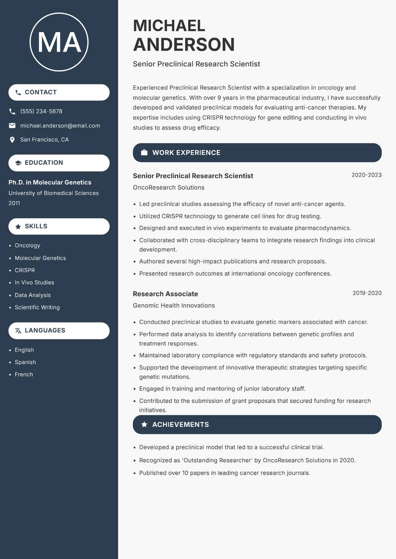 Preclinical Research Scientist resume sample — Senior Preclinical Research Scientist focus
