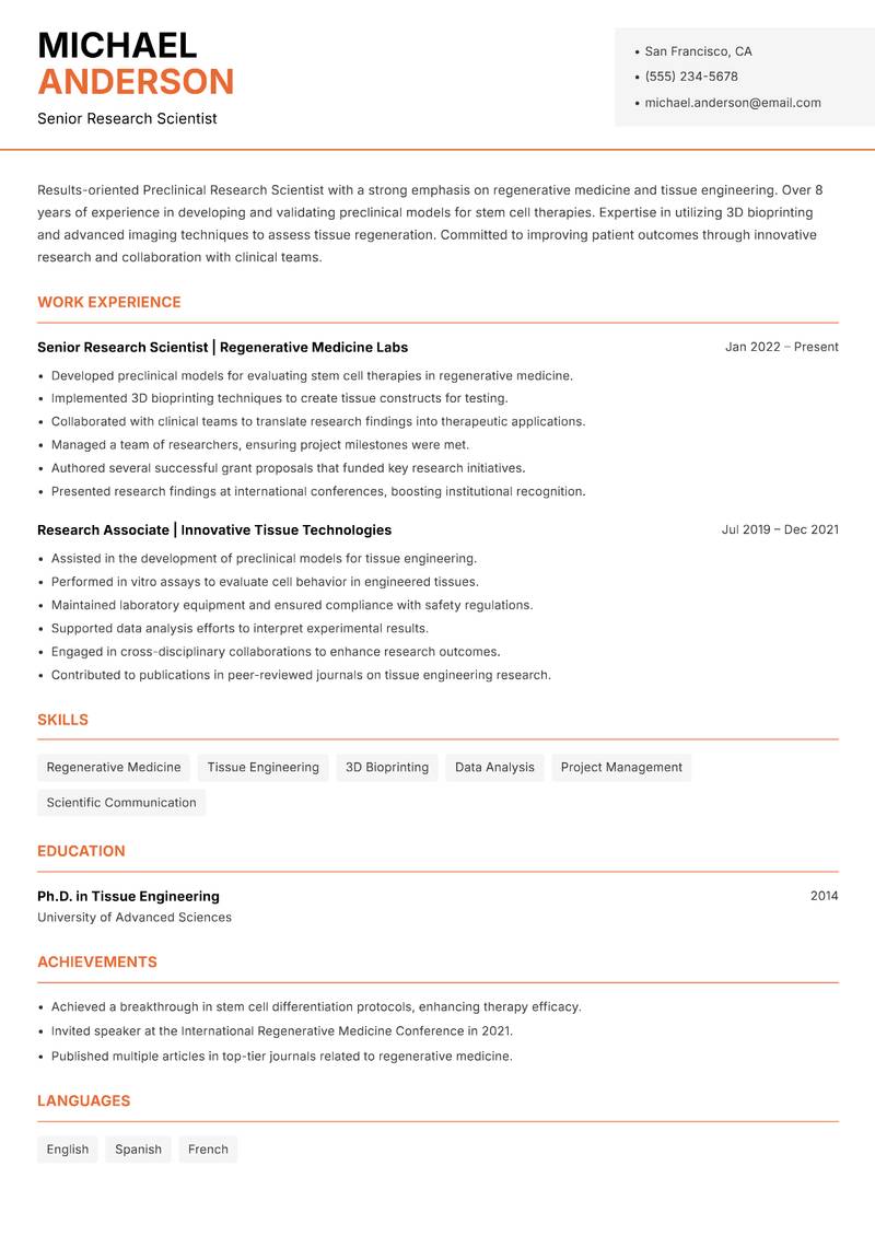 Preclinical Research Scientist resume sample — Senior Research Scientist focus