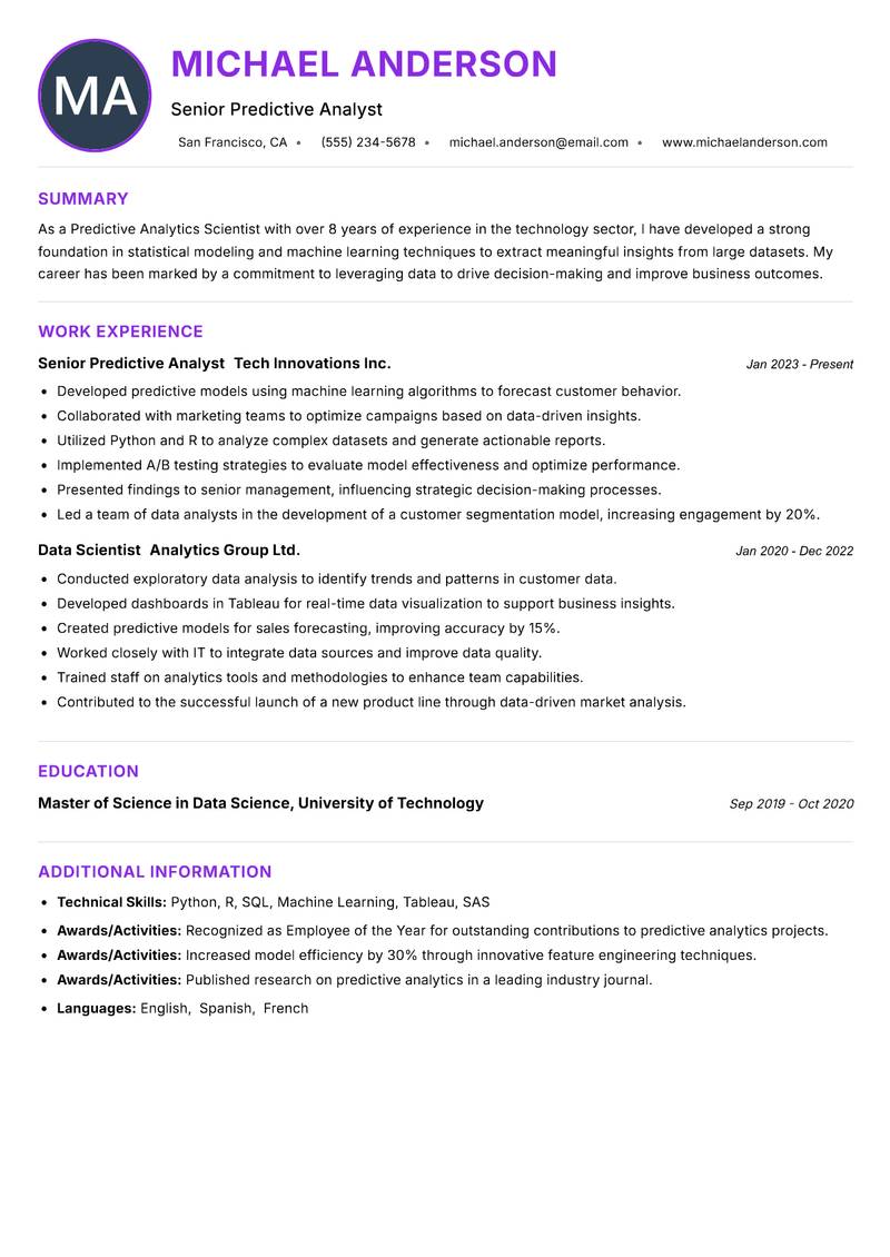 Predictive Analytics Scientist resume example