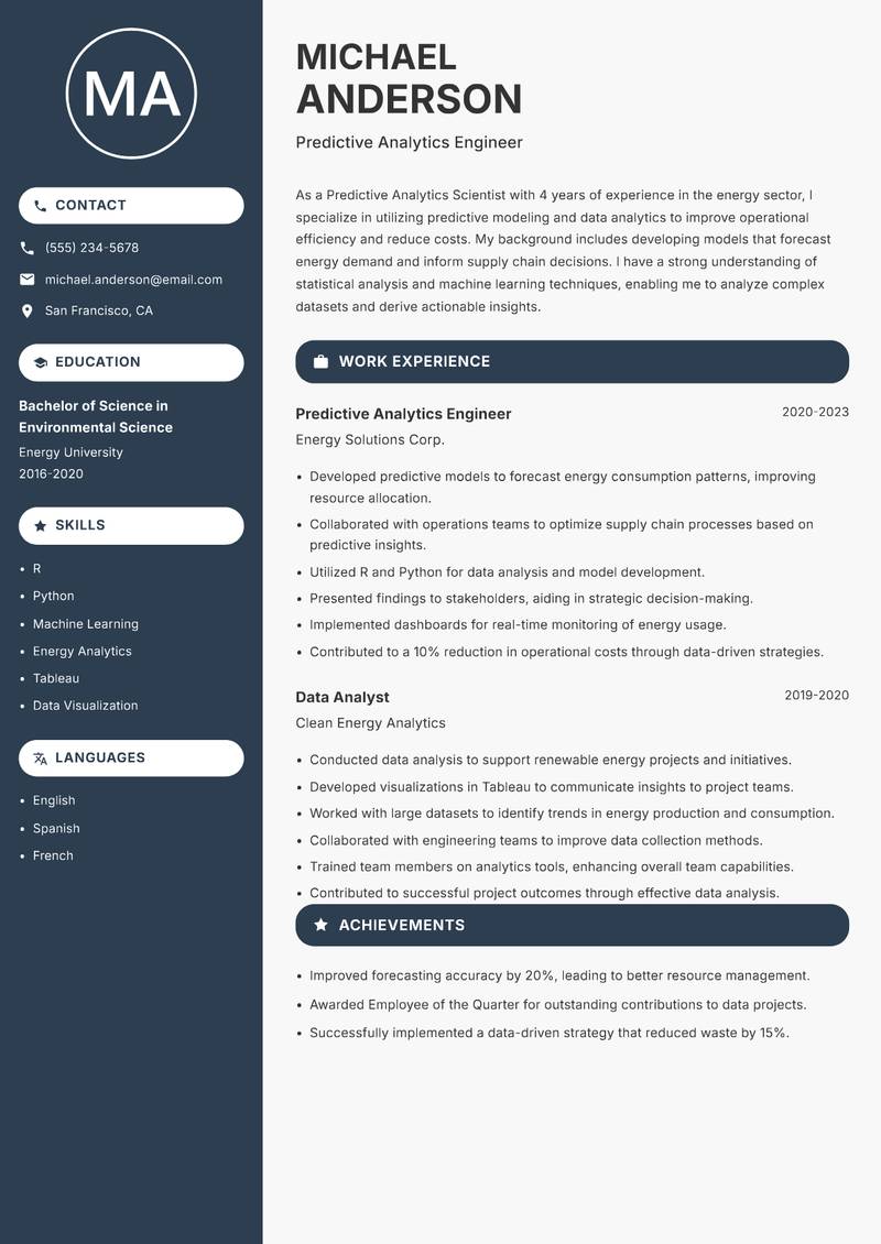 Predictive Analytics Scientist resume sample — Predictive Analytics Engineer focus