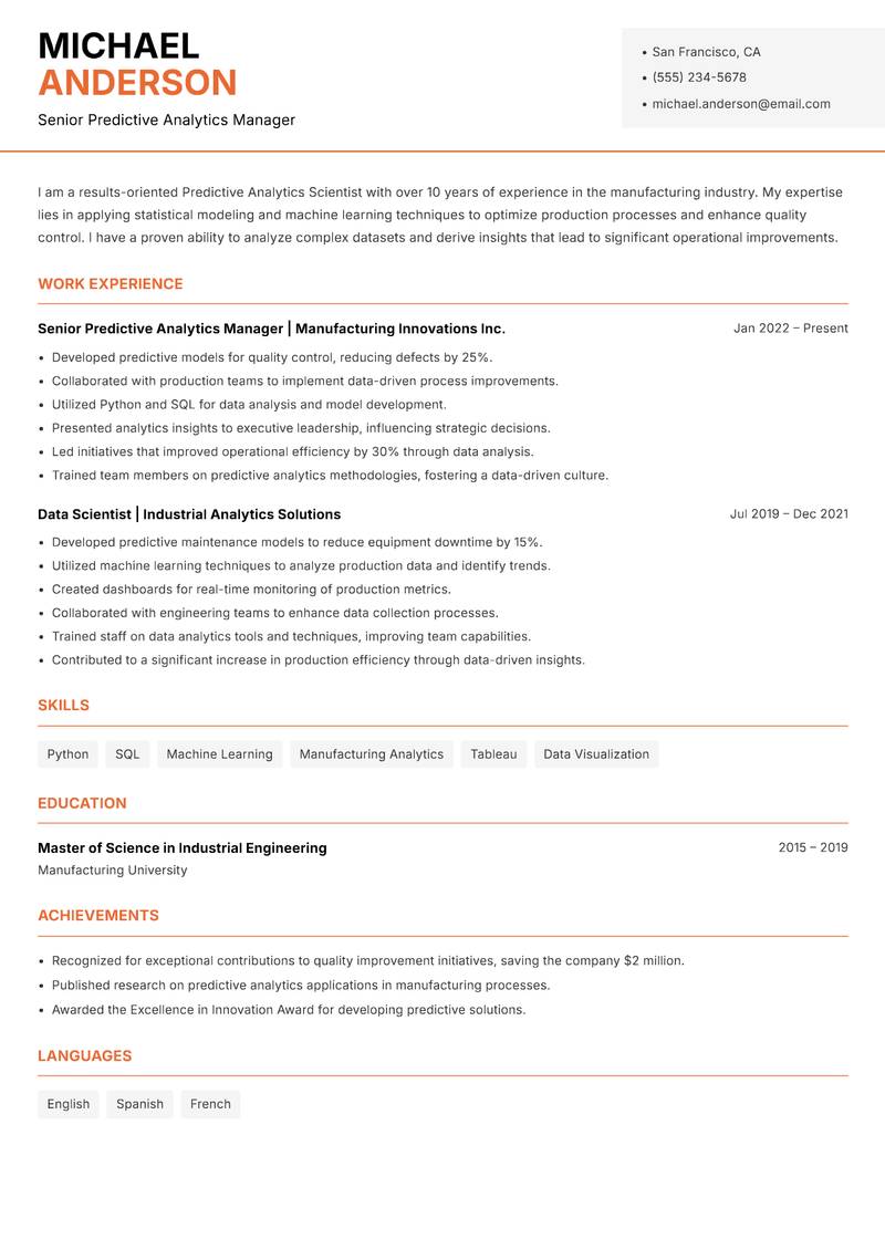 Predictive Analytics Scientist resume sample — Senior Predictive Analytics Manager focus