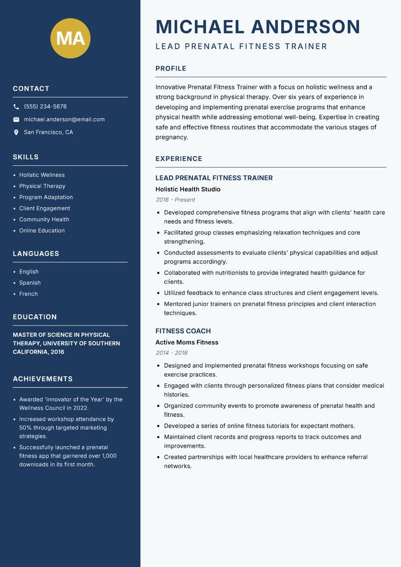 Prenatal Fitness Trainer resume sample — Lead Prenatal Fitness Trainer focus