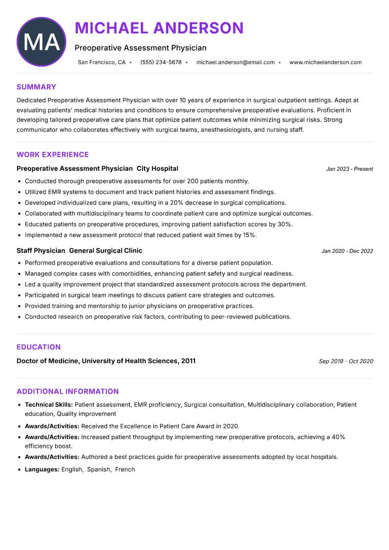 Preoperative Assessment Physician resume example