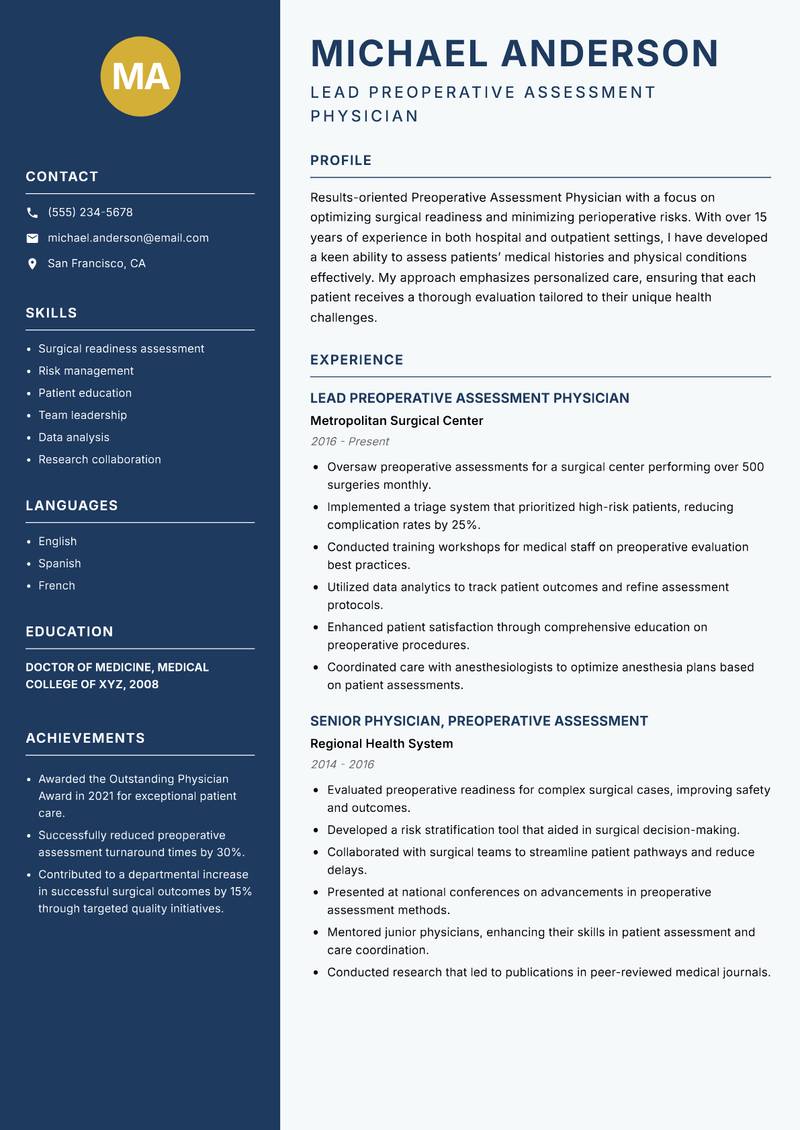 Preoperative Assessment Physician resume sample — Lead Preoperative Assessment Physician focus