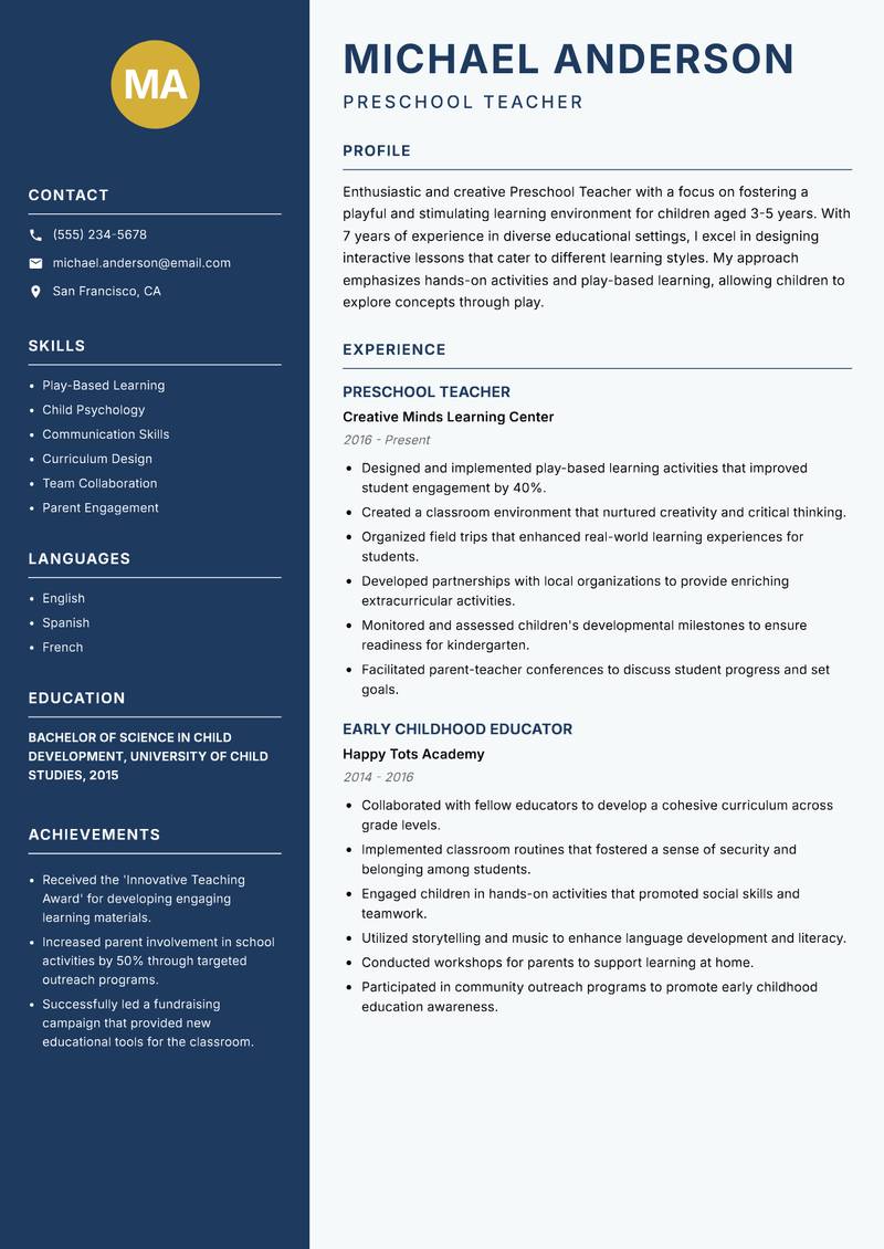Preschool Teacher resume sample — Preschool Teacher focus