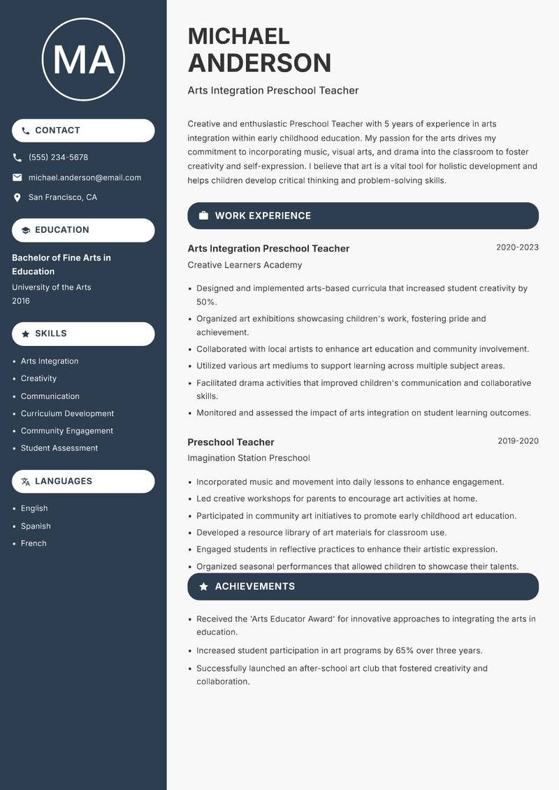 Preschool Teacher resume sample — Arts Integration Preschool Teacher focus