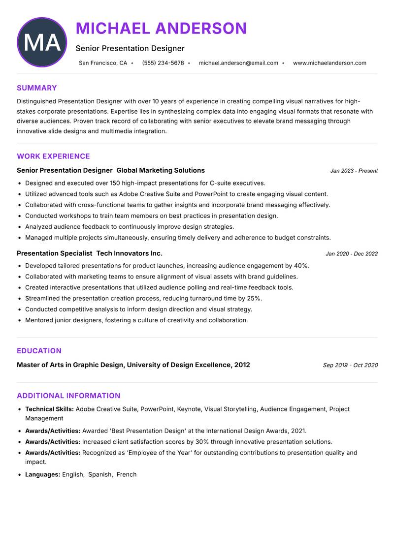 Presentation Designer resume example