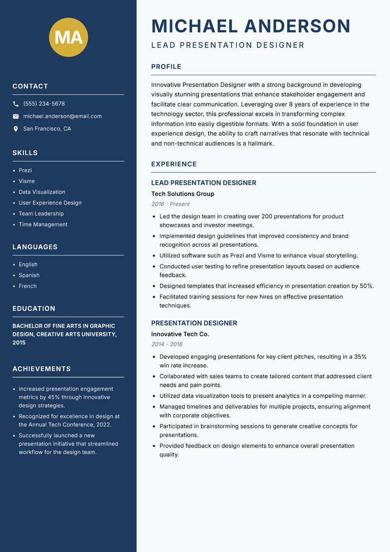 Presentation Designer resume sample — Lead Presentation Designer focus