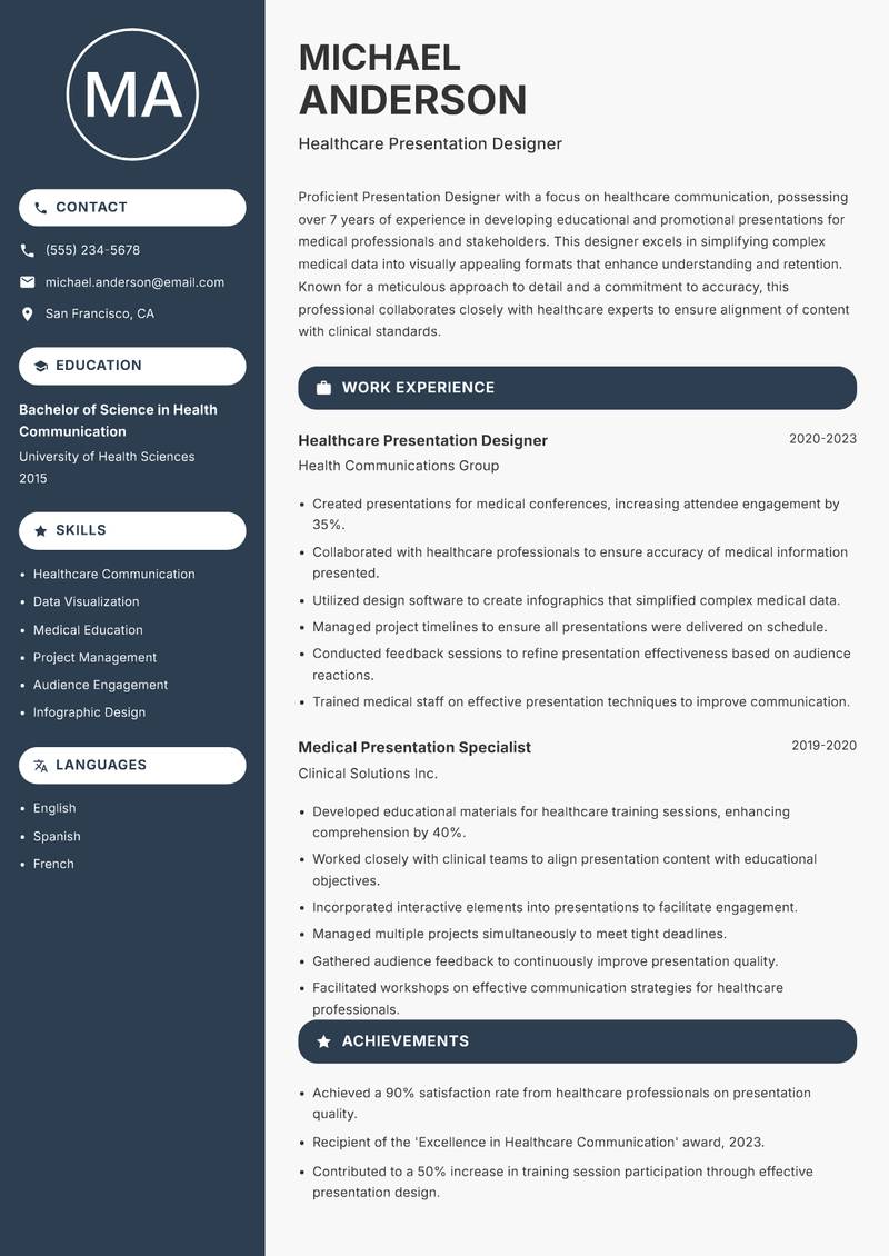 Presentation Designer resume sample — Healthcare Presentation Designer focus