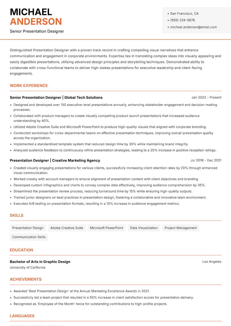Presentation Designer resume sample — Senior Presentation Designer focus