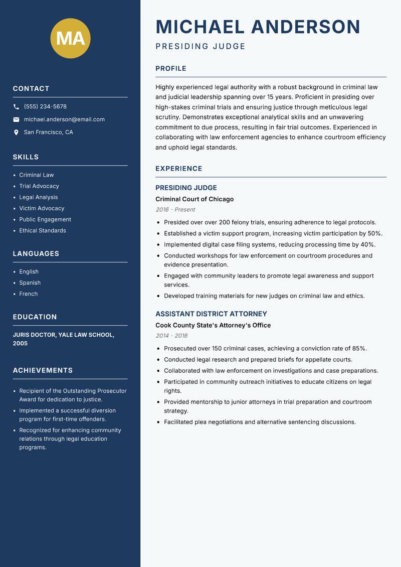 Presiding Judge resume sample — Presiding Judge focus