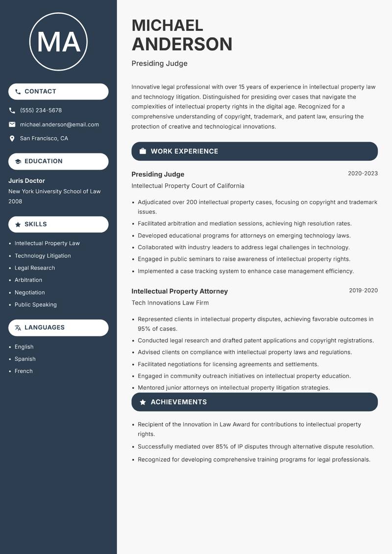 Presiding Judge resume sample — Presiding Judge focus