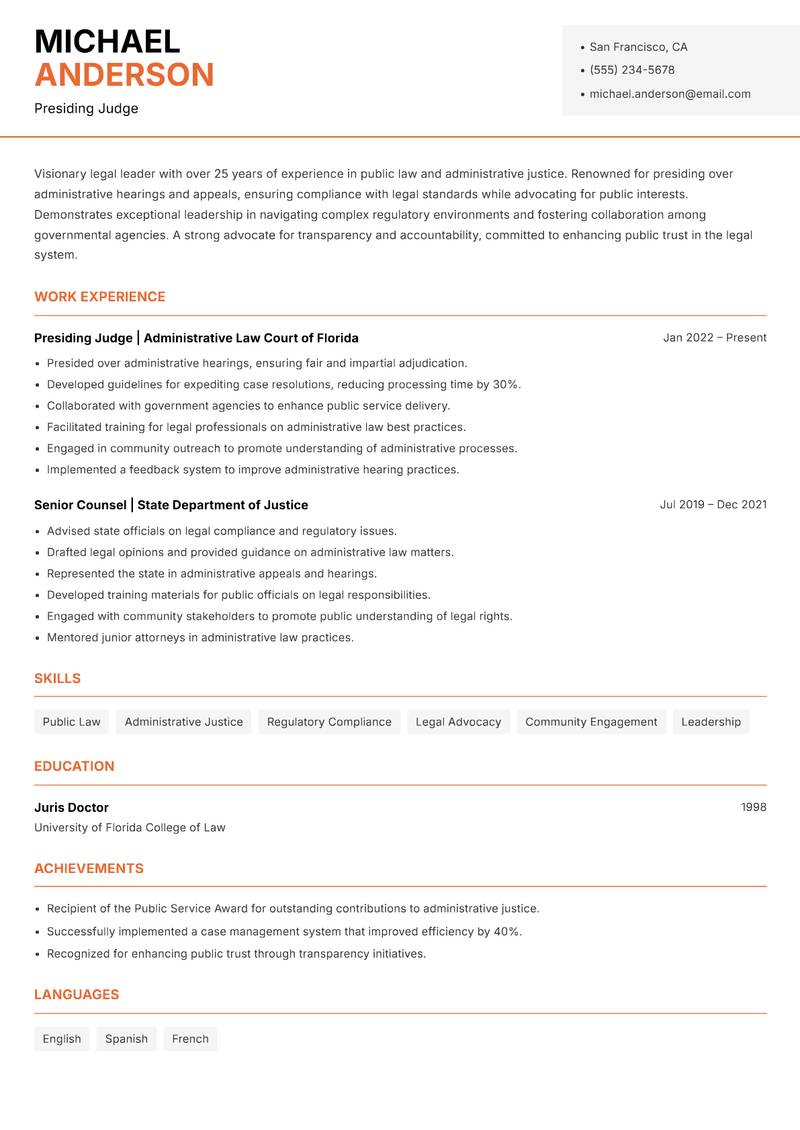 Presiding Judge resume sample — Presiding Judge focus