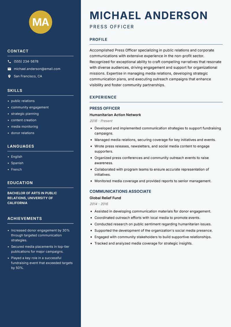 Press Officer resume sample — Press Officer focus