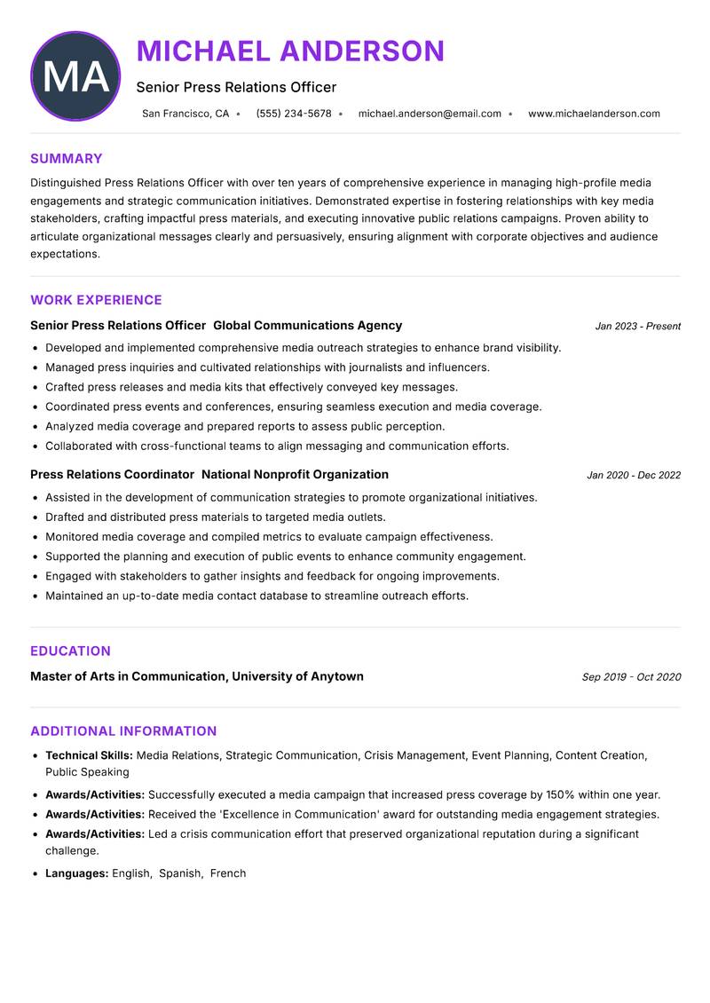 Press Relations Officer resume example