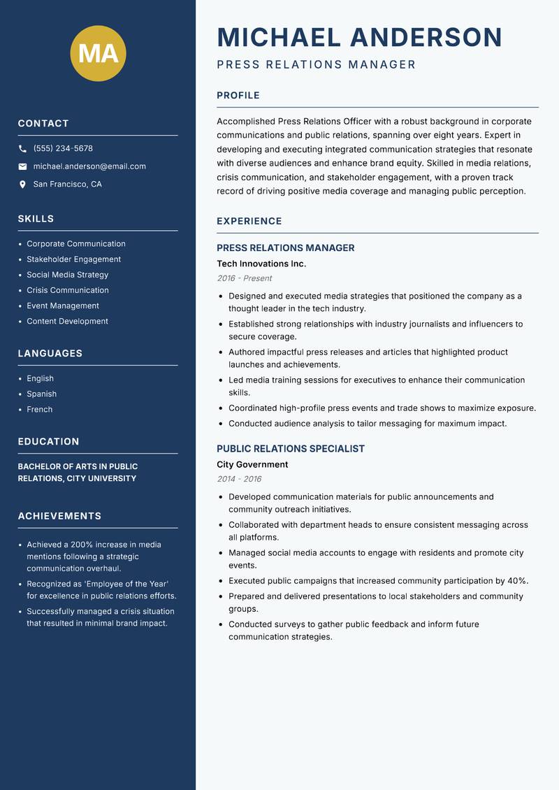 Press Relations Officer resume sample — Press Relations Manager focus