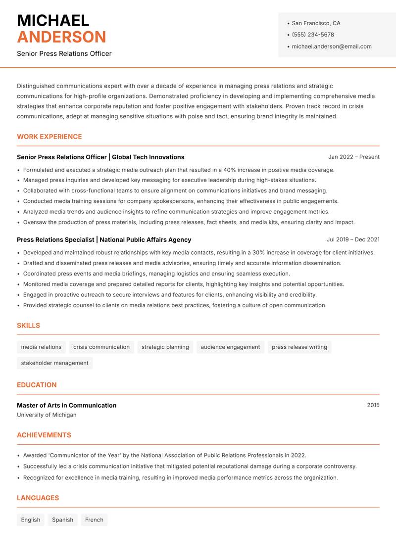 Press Relations Officer resume sample — Senior Press Relations Officer focus