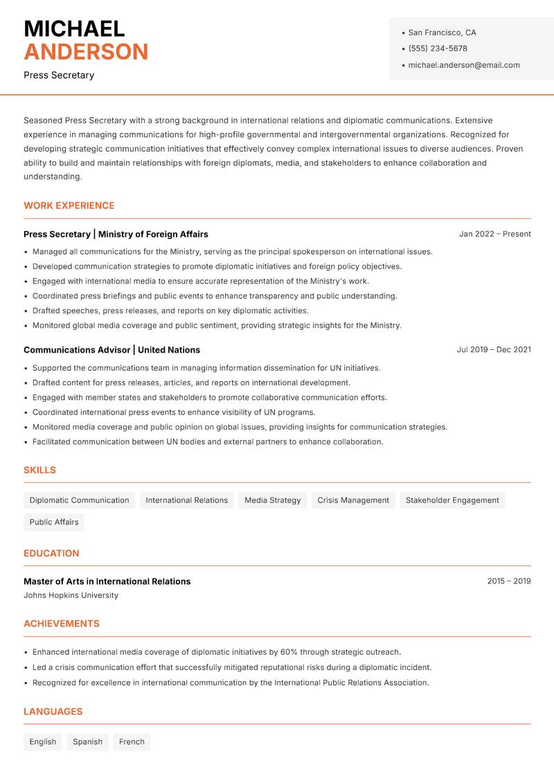 Press Secretary resume sample — Press Secretary focus