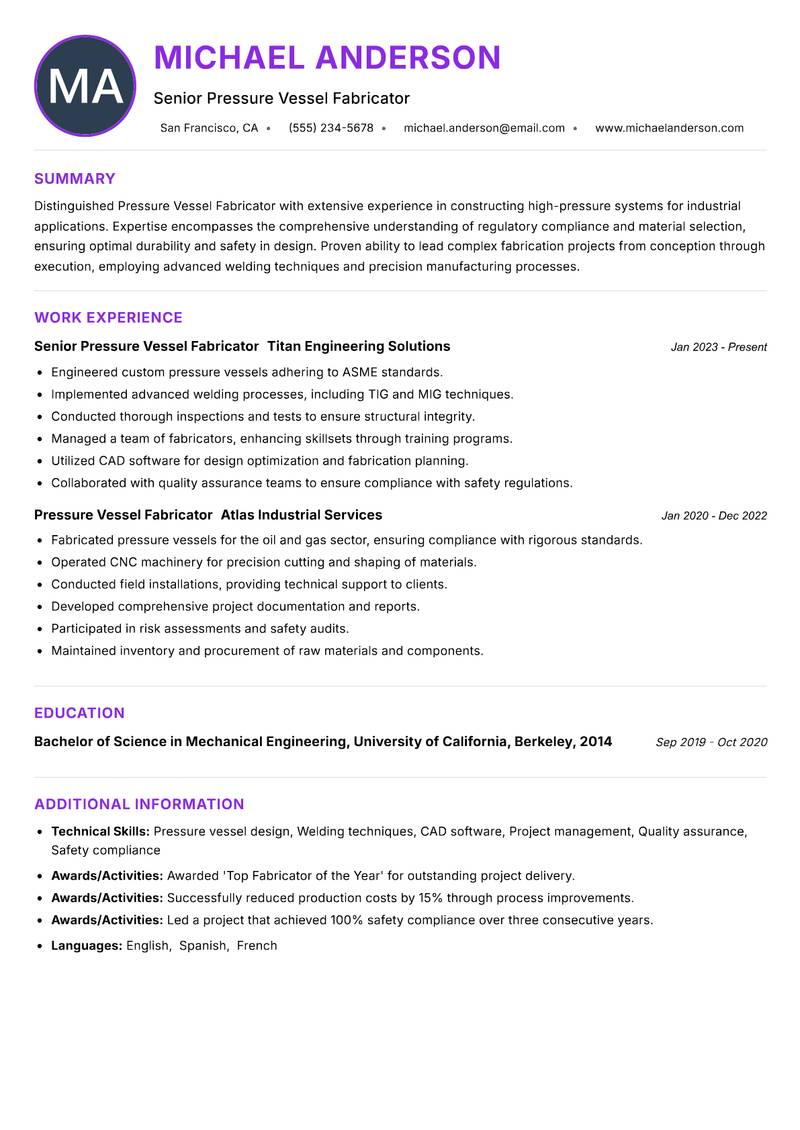 Pressure Vessel Fabricator resume example