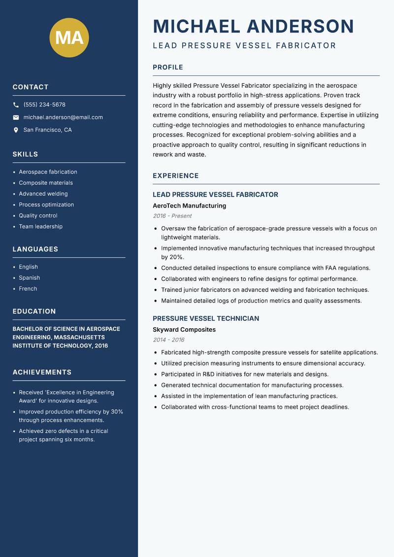 Pressure Vessel Fabricator resume sample — Lead Pressure Vessel Fabricator focus